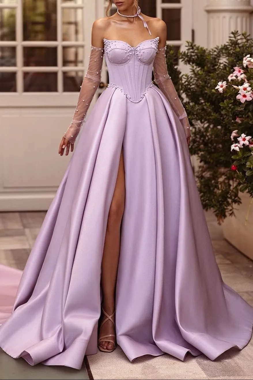 Deacon | A-Line Lilac Sweetheart Satin Long Corset Prom Dress with Slit (Gloves are not Included) sold by KissProm
