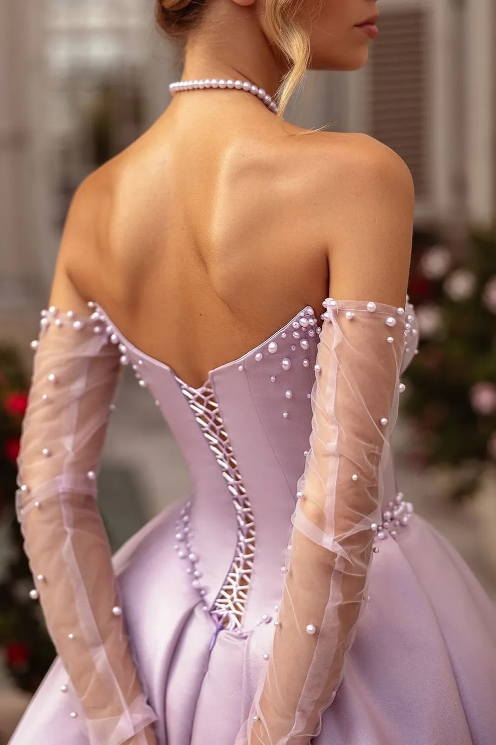Deacon | A-Line Lilac Sweetheart Satin Long Corset Prom Dress with Slit (Gloves are not Included) sold by KissProm product image thumbnail 2