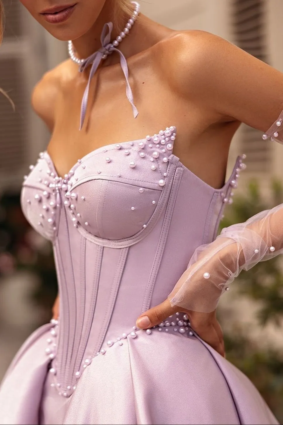 Deacon | A-Line Lilac Sweetheart Satin Long Corset Prom Dress with Slit (Gloves are not Included) sold by KissProm product image thumbnail 3