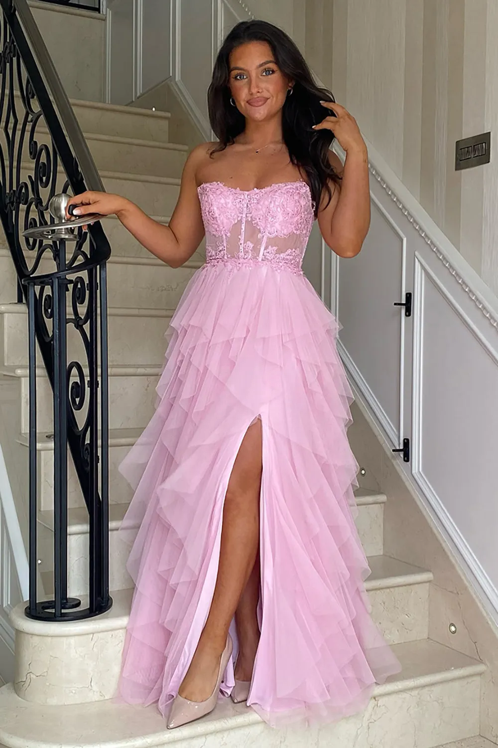 Adella | A-Line Tulle Blush Tiered Long Corset Strapless Prom Dress with Appliques sold by KissProm product image thumbnail 3