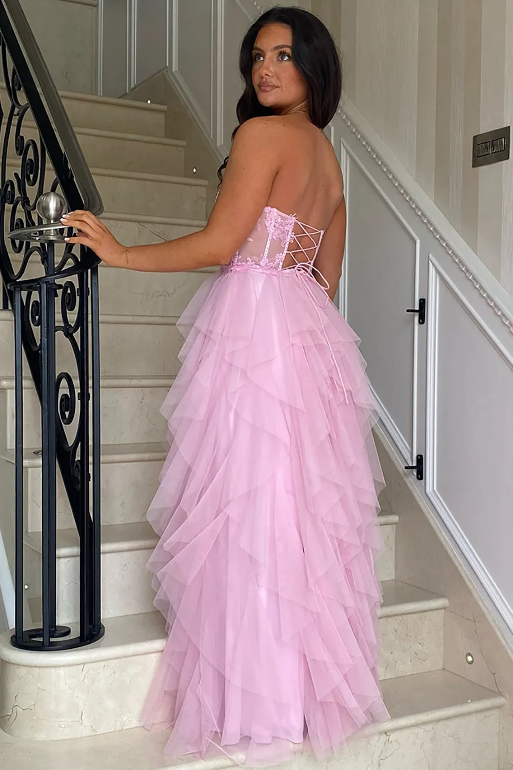 Adella | A-Line Tulle Blush Tiered Long Corset Strapless Prom Dress with Appliques sold by KissProm product image thumbnail 2