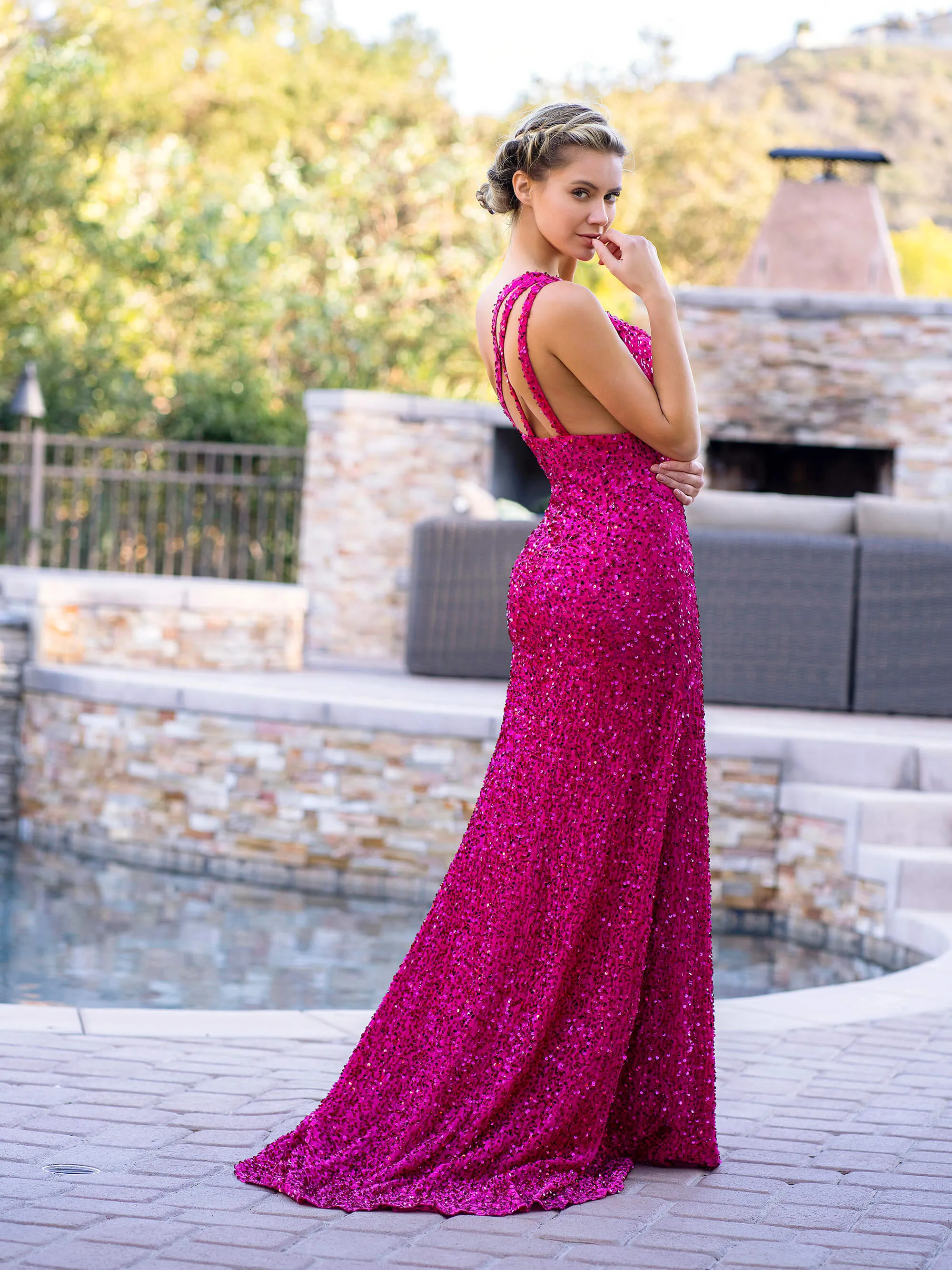 Fuchsia Mermaid One Shoulder Sequin Long Prom Dress with Slit sold by KissProm product image thumbnail 2