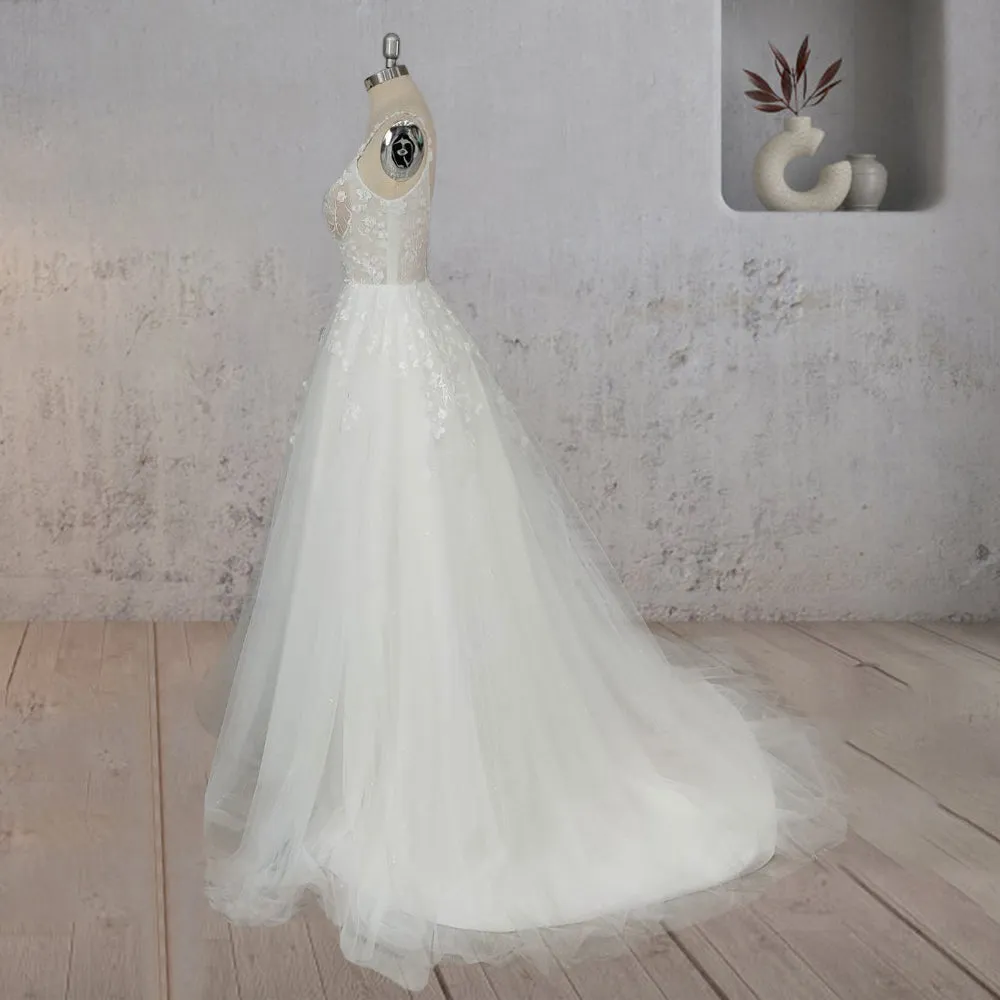 A-Line White Flower Appliqued Tulle Wedding Dress sold by KissProm product image thumbnail 3