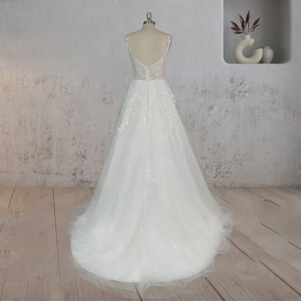 A-Line White Flower Appliqued Tulle Wedding Dress sold by KissProm product image thumbnail 2