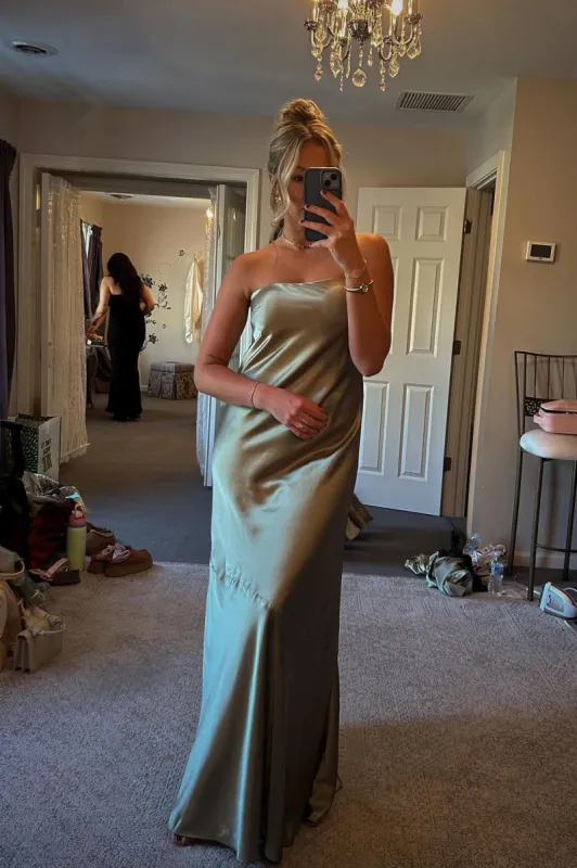 Strapless Olive Green Satin Sheath Long Party Dress sold by KissProm