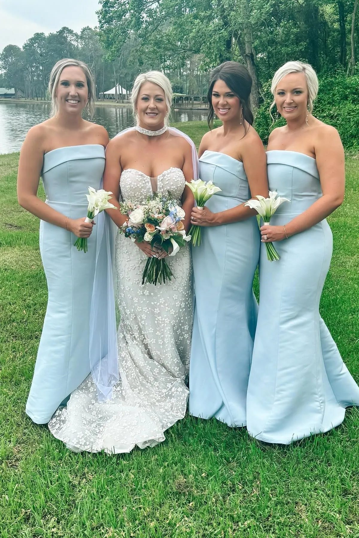 Strapless Aqua Blue Mermaid Satin Long Bridesmaid Dress sold by KissProm