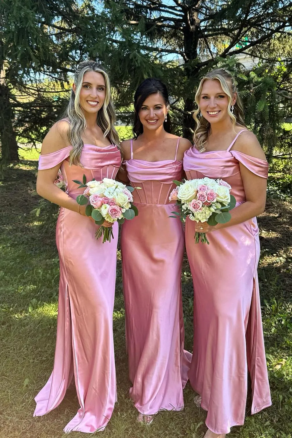 Off the Shoulder Pink Satin Fitted Long Bridesmaid Dress sold by KissProm