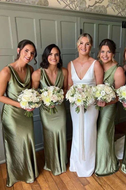 Cowl Neck Sage Green Sheath Spandex Long Bridesmaid Dress sold by KissProm