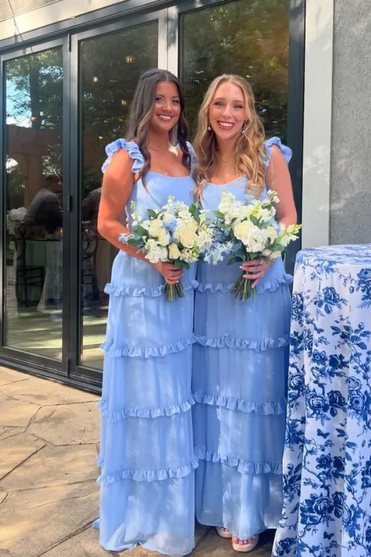 Ruffles Blue Chiffon A-line Long Bridesmaid Dress sold by KissProm
