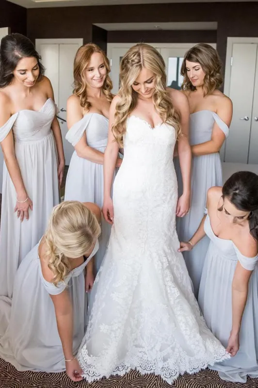 Off the Shoulder A-line Light Grey Chiffon Long Bridesmaid Dress sold by KissProm