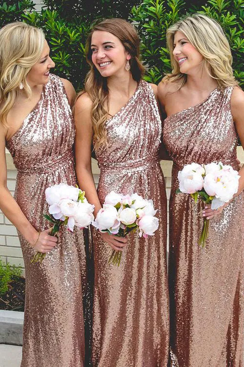 One Shoulder Rose Gold Sequins Sheath Long Bridesmaid Dress sold by KissProm