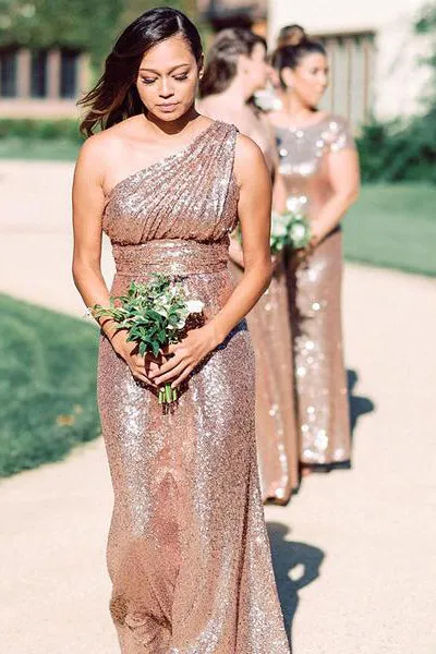 One Shoulder Rose Gold Sequins Sheath Long Bridesmaid Dress sold by KissProm product image thumbnail 2
