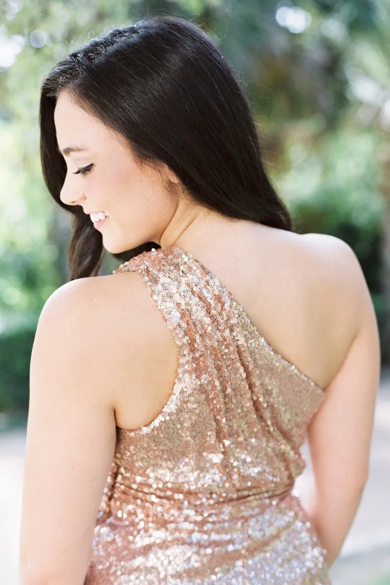 One Shoulder Rose Gold Sequins Sheath Long Bridesmaid Dress sold by KissProm product image thumbnail 3