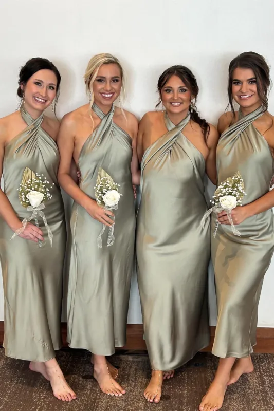 Sage Green Halter Sheath Ankle Length Bridesmaid Dress sold by KissProm