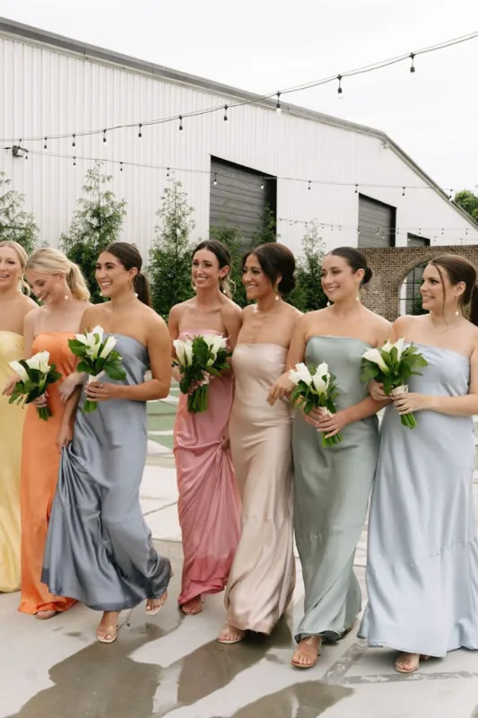 Sheath Strapless Colorful Silk Satin Long Bridesmaid Dresses sold by KissProm