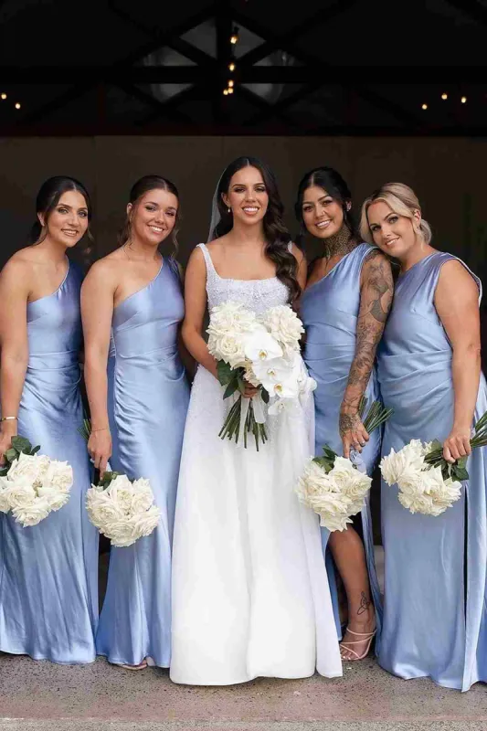 Sheath One Shoulder Silk Satin Long Bridesmaid Dresses sold by KissProm