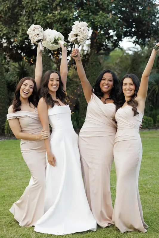 Mermaid Off the Shoulder Champagne Elastic Satin Long Bridesmaid Dresses sold by KissProm