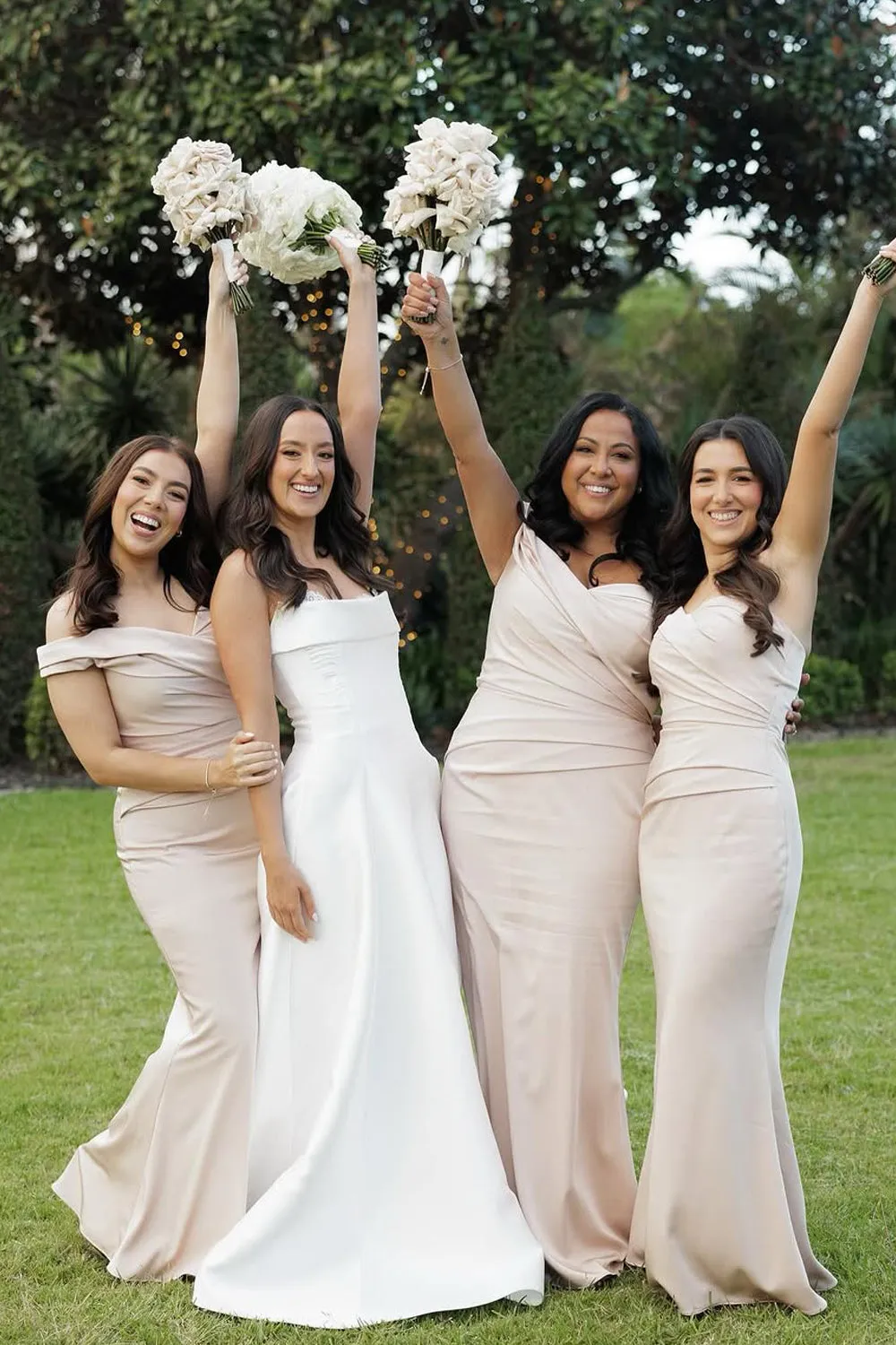 Mermaid Off the Shoulder Champagne Elastic Satin Long Bridesmaid Dresses sold by KissProm