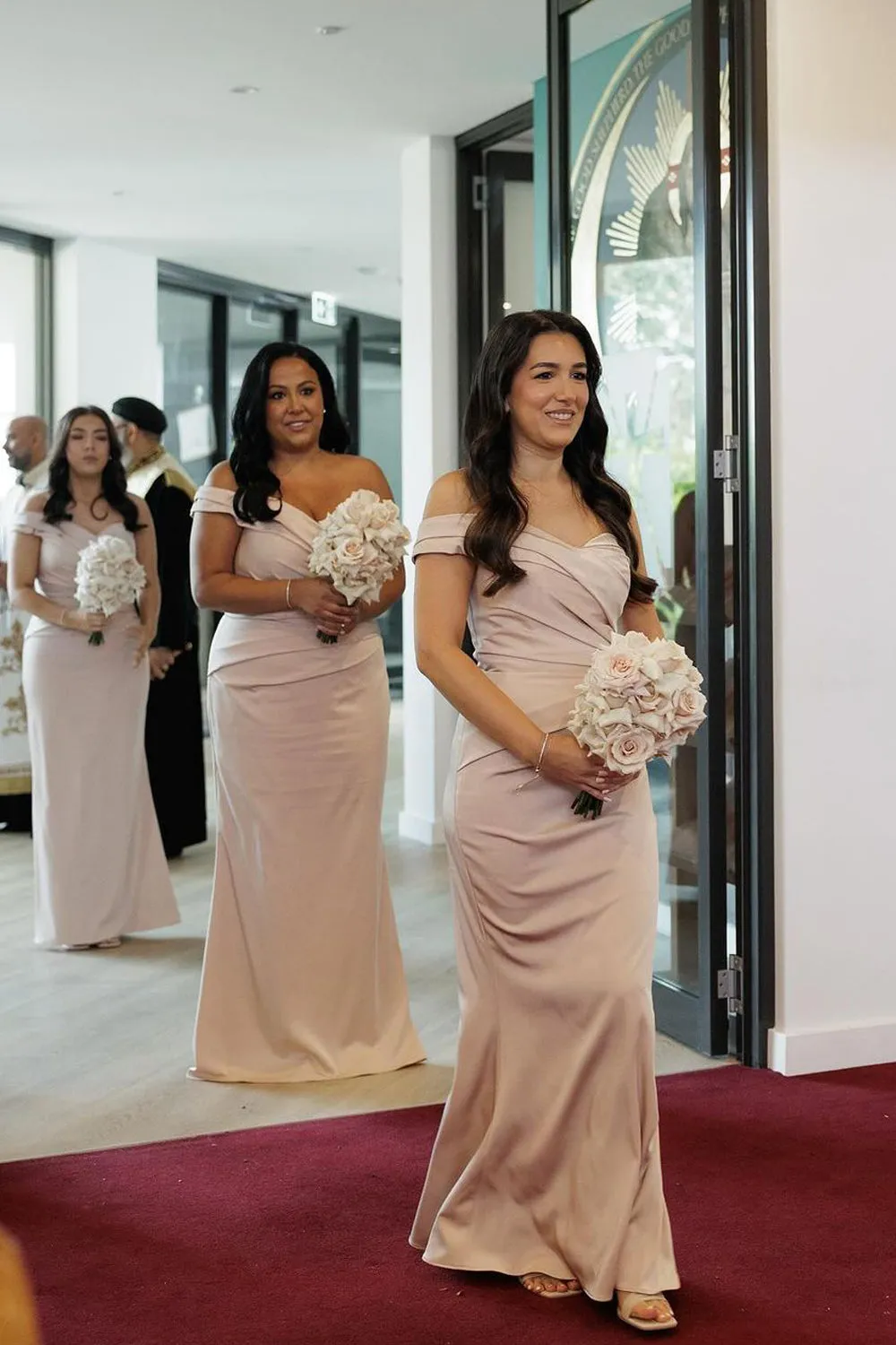 Mermaid Off the Shoulder Champagne Elastic Satin Long Bridesmaid Dresses sold by KissProm product image thumbnail 2