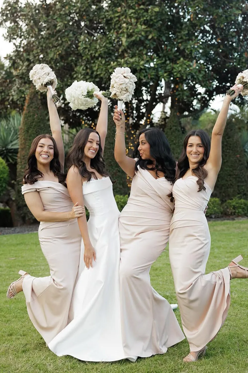 Mermaid Off the Shoulder Champagne Elastic Satin Long Bridesmaid Dresses sold by KissProm product image thumbnail 3