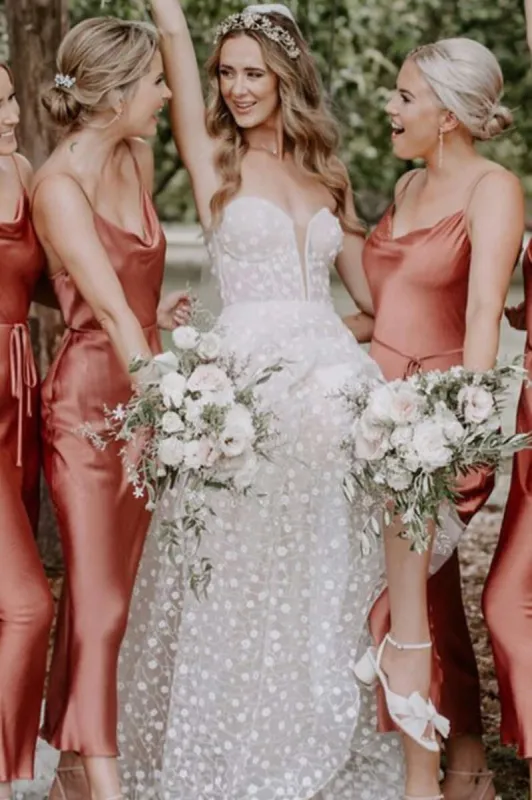 Bohemian Sheath Straps Rust Silk Satin Ankle Length Bridesmaid Dresses sold by KissProm