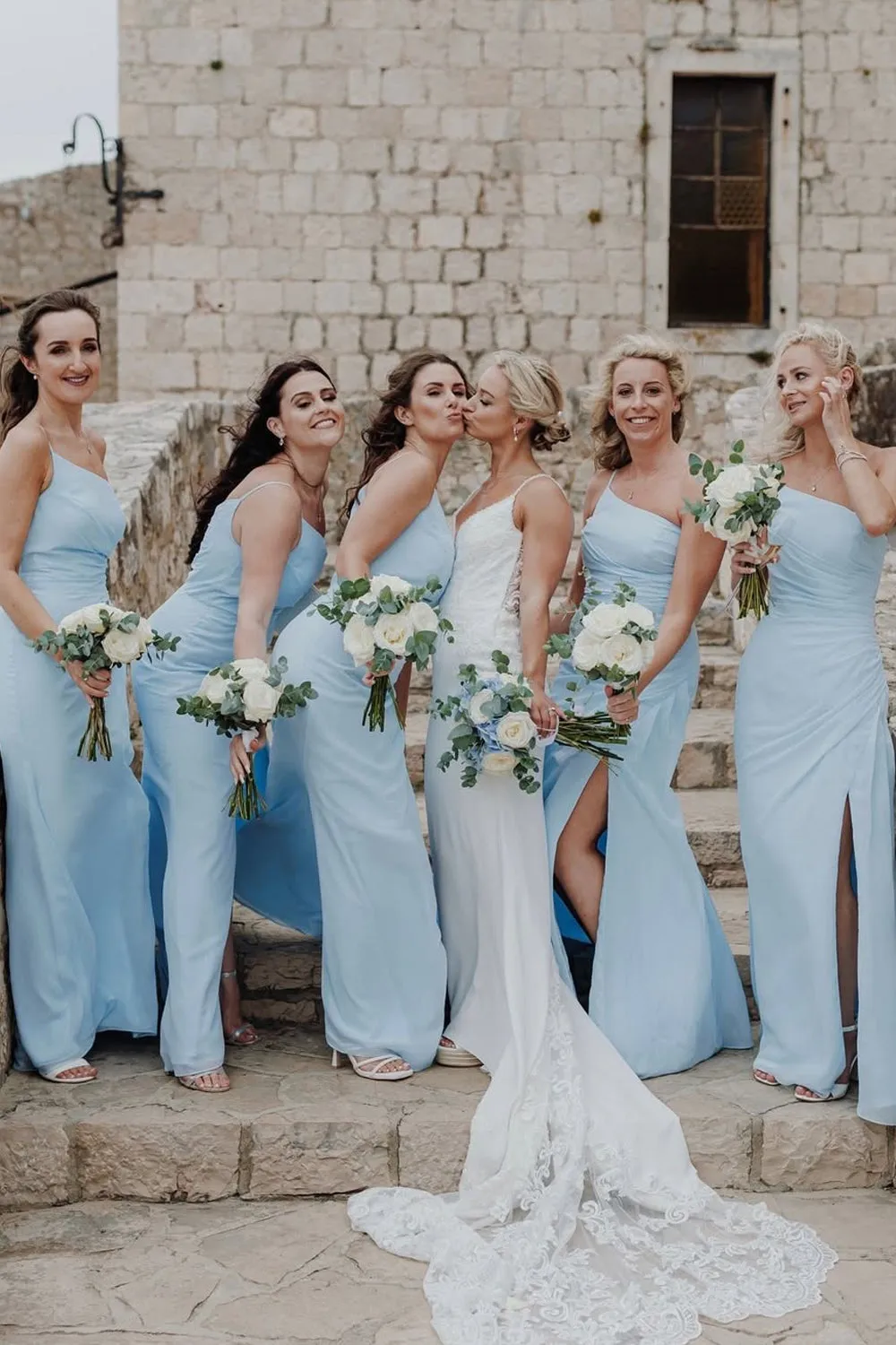 Sheath One Shoulder Light Blue Chiffon Slit Bridesmaid Dress sold by KissProm product image thumbnail 4