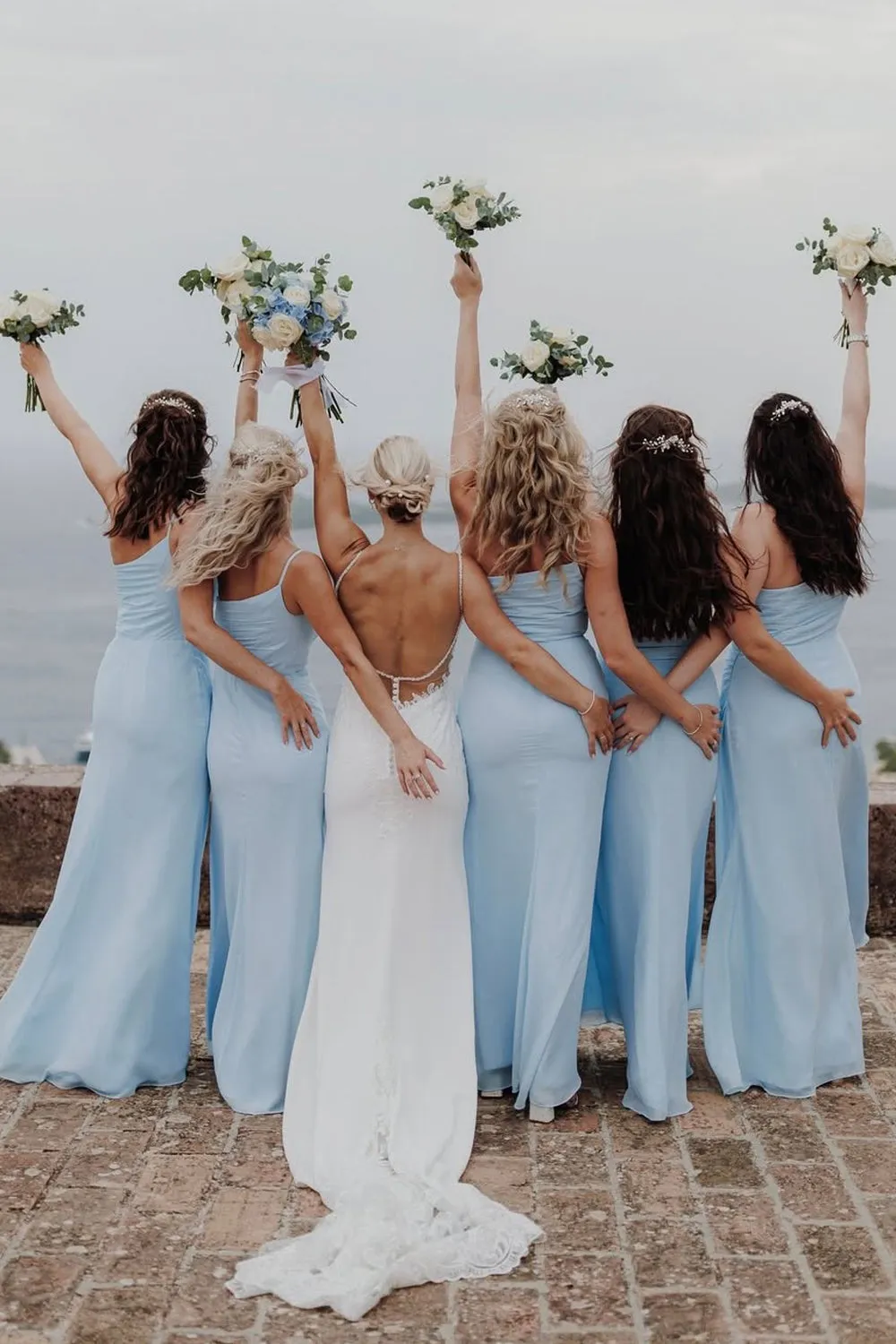 Sheath One Shoulder Light Blue Chiffon Slit Bridesmaid Dress sold by KissProm product image thumbnail 2