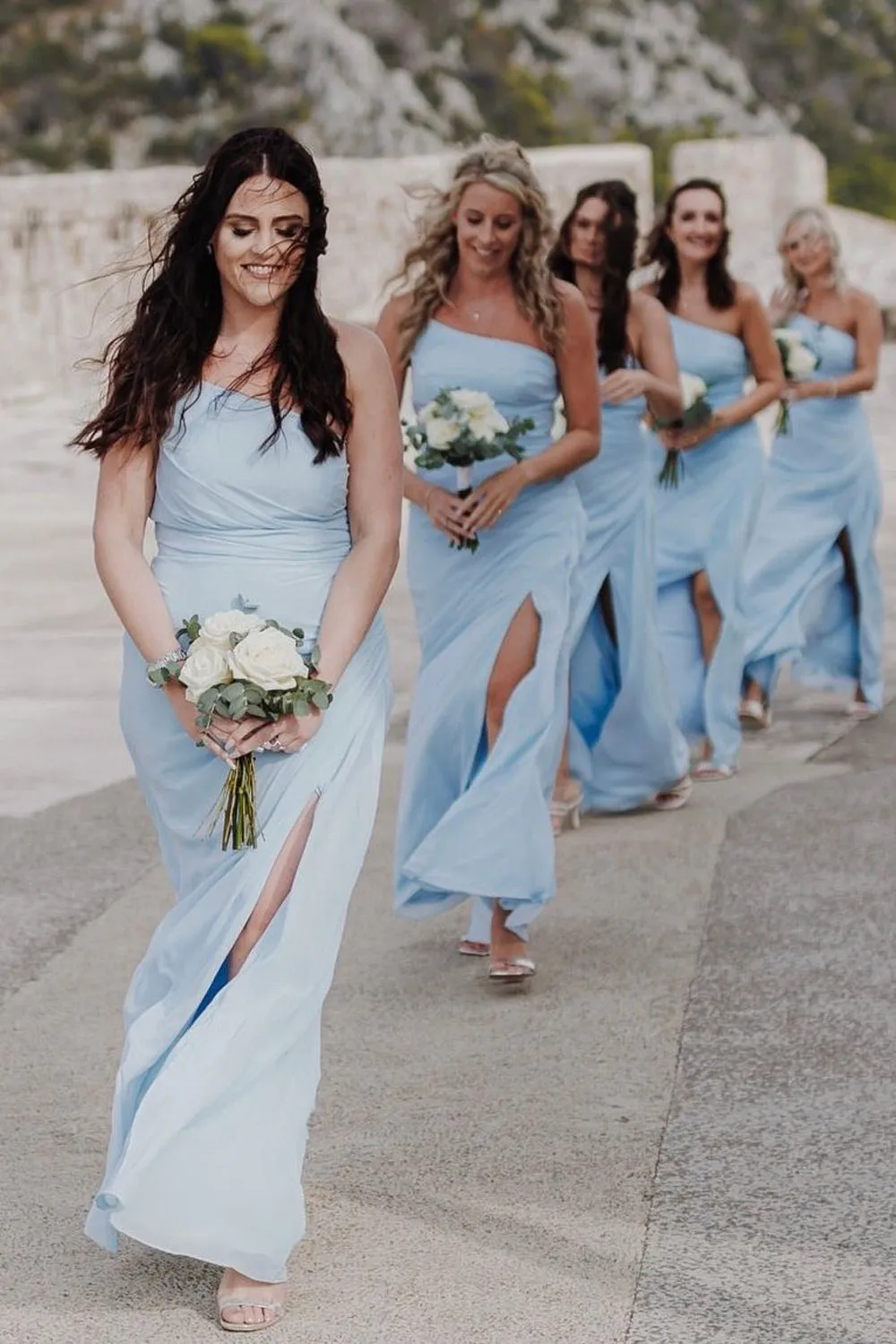 Sheath One Shoulder Light Blue Chiffon Slit Bridesmaid Dress sold by KissProm product image thumbnail 5
