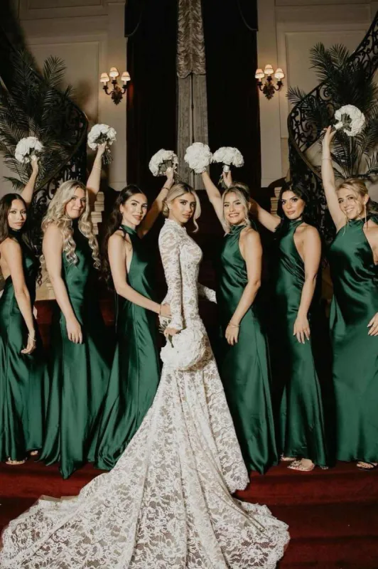 Halter Satin Pleated Mermaid Sleeveless Long Bridesmaid Dress sold by KissProm