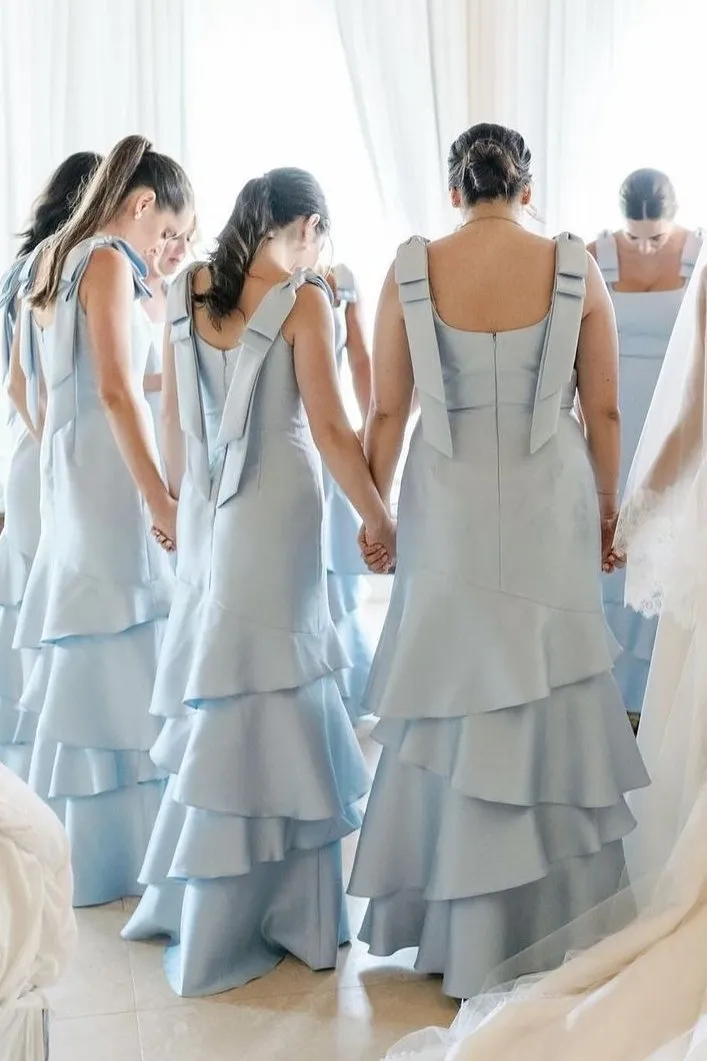 Light Blue Straps with Bows Mermaid Satin Tiered Long Bridesmaid Dress sold by KissProm product image thumbnail 2