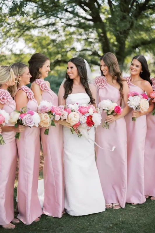 Pink One Shoulder Sheath Flower Sleeveless Satin Long Bridesmaid Dress sold by KissProm