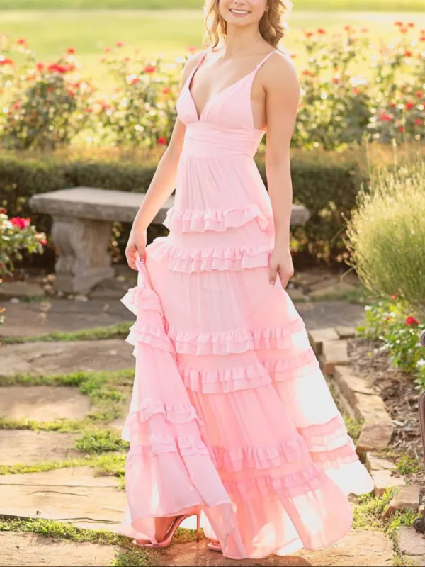 Decebal | A Line Pink Chiffon Tiered Ruffles Long Prom Dress sold by KissProm