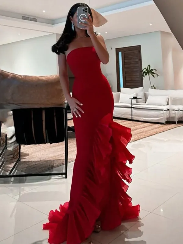 Theodoric | Red Strapless Ruffles Scoop Neck Mermaid Sleeveless Long Prom Dress sold by KissProm