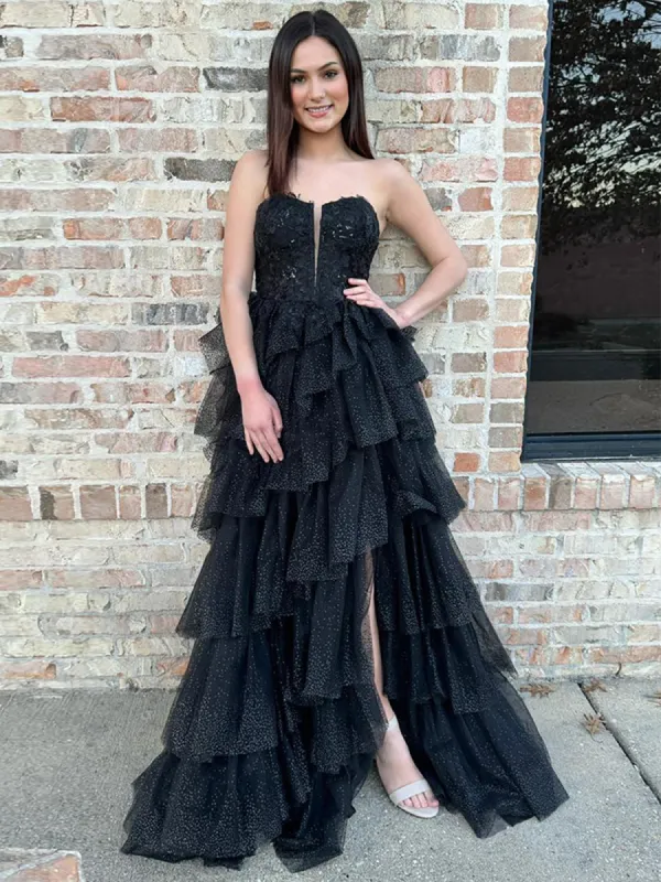 Vina | Black Strapless A Line Tulle Prom Dress With Appliques sold by KissProm
