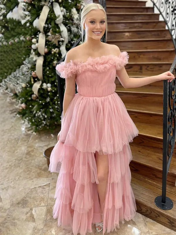 Linen | Pink Off The Shoulder Tulle A Line Prom Dress With Split sold by KissProm