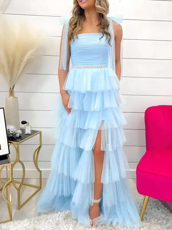 Houda | Light Blue Pleated Ruffle Prom Dress with Bow Tie Straps sold by KissProm