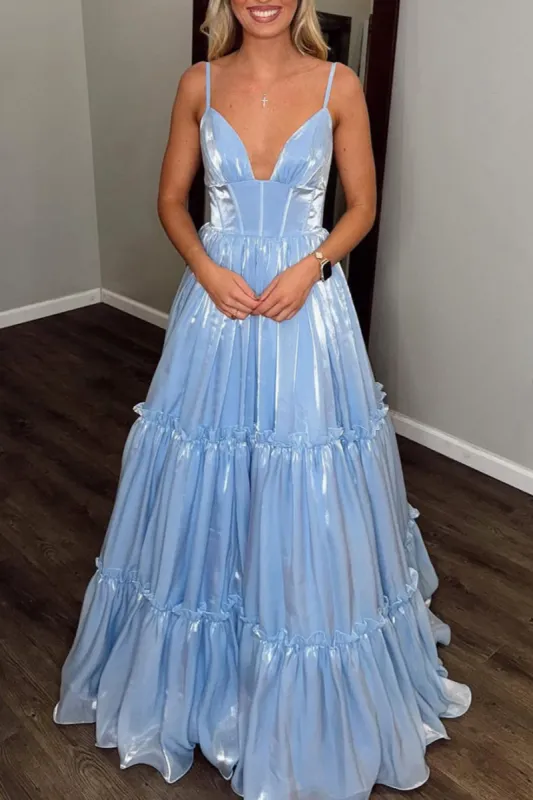 Elian | Cute A Line V Neck Light Blue Glitter Organza Satin Prom Dress sold by KissProm