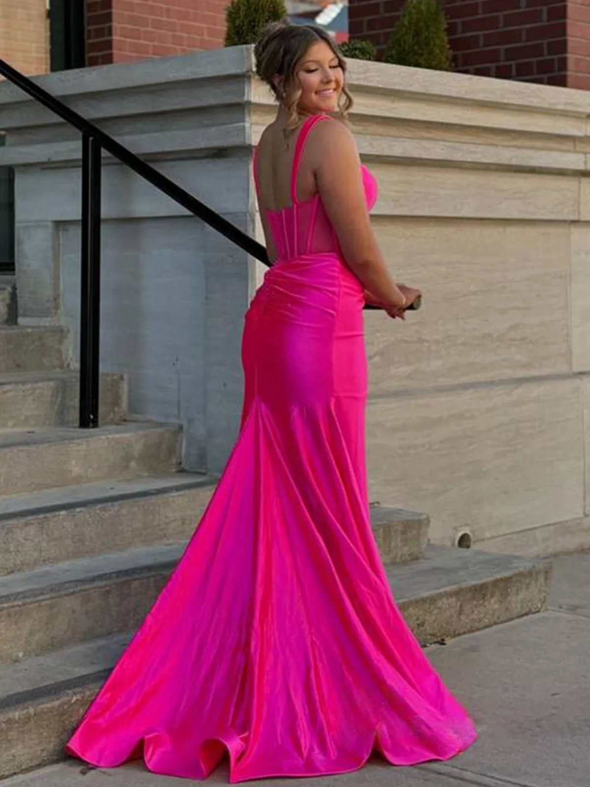 Melo | Straps Hot Pink Pleated Mermaid Prom Dress with Slit sold by KissProm product image thumbnail 2