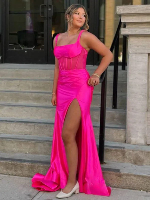 Melo | Straps Hot Pink Pleated Mermaid Prom Dress with Slit sold by KissProm