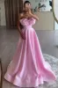 Tomie | Pink A-Line Strapless Bow Satin Pleated Long Formal Prom Dress sold by KissProm