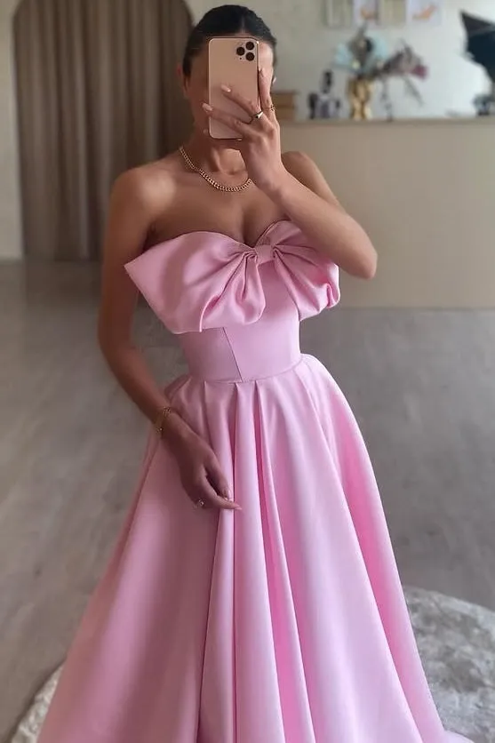 Tomie | Pink A-Line Strapless Bow Satin Pleated Long Formal Prom Dress sold by KissProm product image thumbnail 2