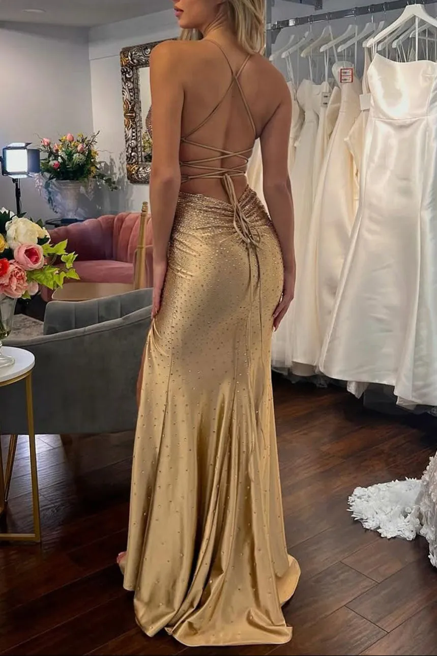 Sexy Mermaid Spaghetti Straps Satin Slit Prom Dress with Hot Stone sold by KissProm product image thumbnail 3