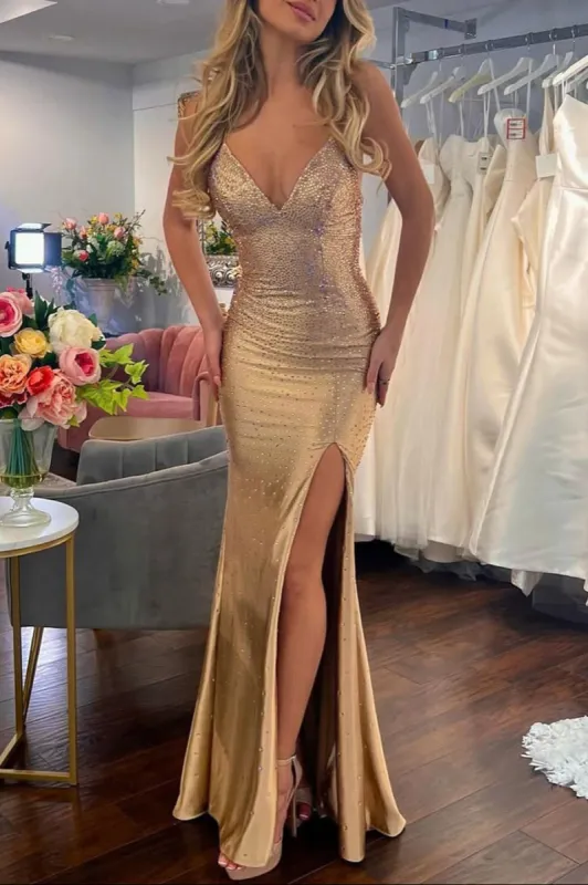 Jean | Sexy Mermaid V Neck Satin Slit Prom Dress with Hot Stone sold by KissProm