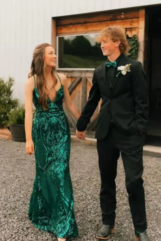 Dominic  | Charming Mermaid V Neck Green Sequins Lace Long Prom Dress with Lace-up sold by KissProm