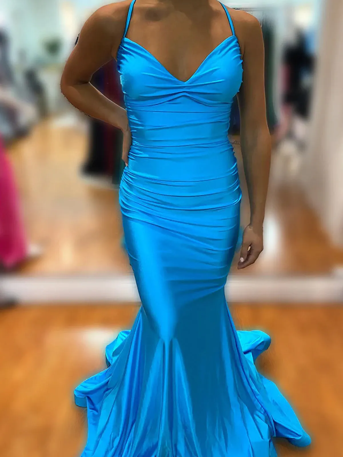 Cute Mermaid Spaghetti Straps Blue Satin Slit Prom Dress sold by KissProm product image thumbnail 3