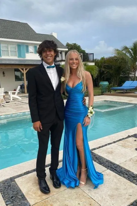 Cute Mermaid Spaghetti Straps Blue Satin Slit Prom Dress sold by KissProm