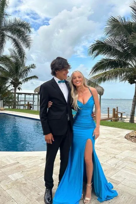 Cute Mermaid Spaghetti Straps Blue Satin Slit Prom Dress sold by KissProm product image thumbnail 2