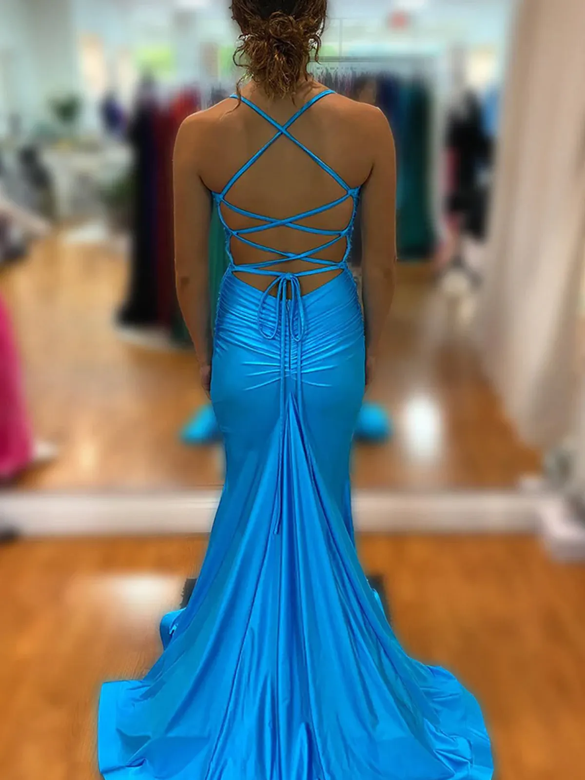Cute Mermaid Spaghetti Straps Blue Satin Slit Prom Dress sold by KissProm product image thumbnail 4