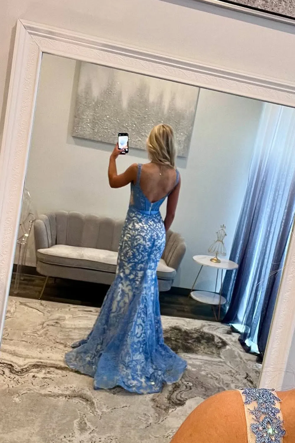 Elise | Gorgeous Mermaid Scoop Neck Blue Lace Prom Dress sold by KissProm product image thumbnail 2