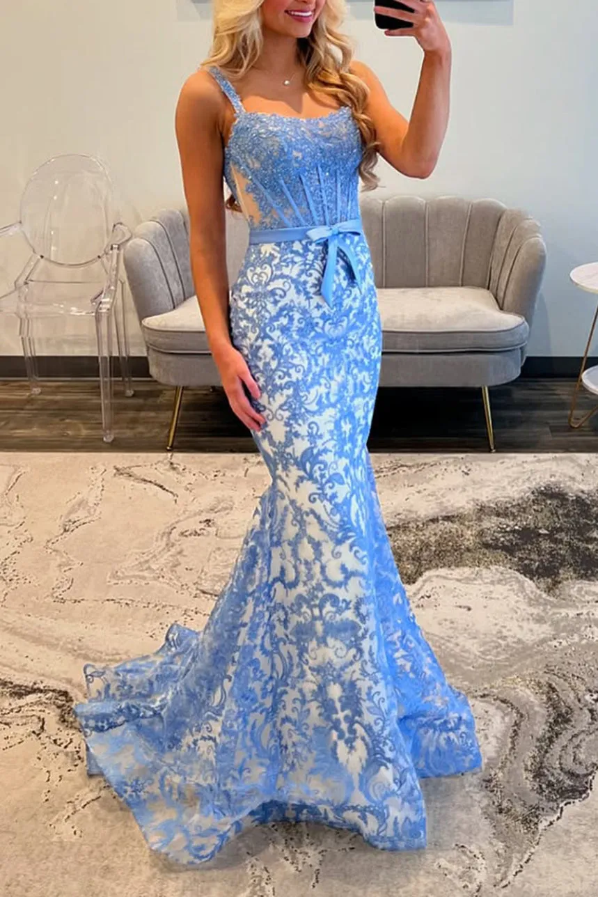 Elise | Gorgeous Mermaid Scoop Neck Blue Lace Prom Dress sold by KissProm